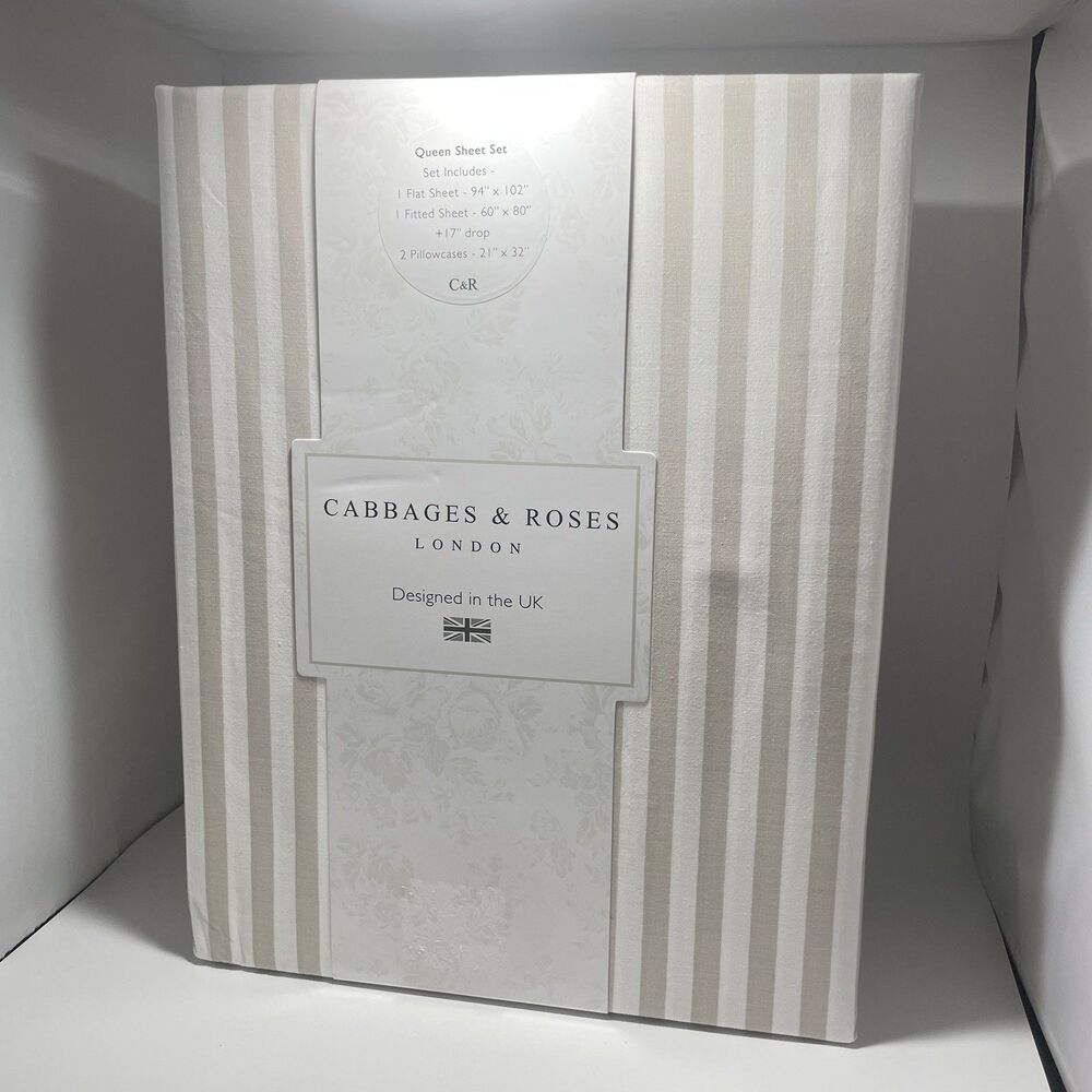 Cabbages & Roses London Queen Sheet Set Pinstripe Linen Beige Striped Cotton NIP